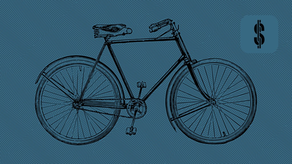 Vintage bicycle on textured background with financial symbol – representing the journey to financial independence, smart saving, and sustainable investments with SavingsForFreedom